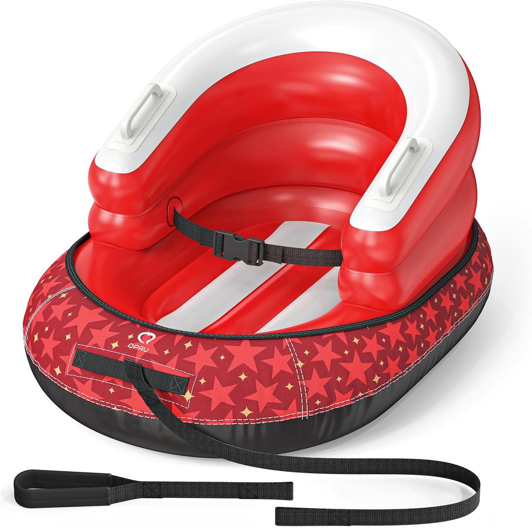 QPAU Snow Sled for Toddlers 1-3 with Canvas Cover, Inflatable Baby Sled with 3-Sided Protection, Tow Strap & Handles, Kids Snow Tube for Skiing & Sledding Outdoor Toys