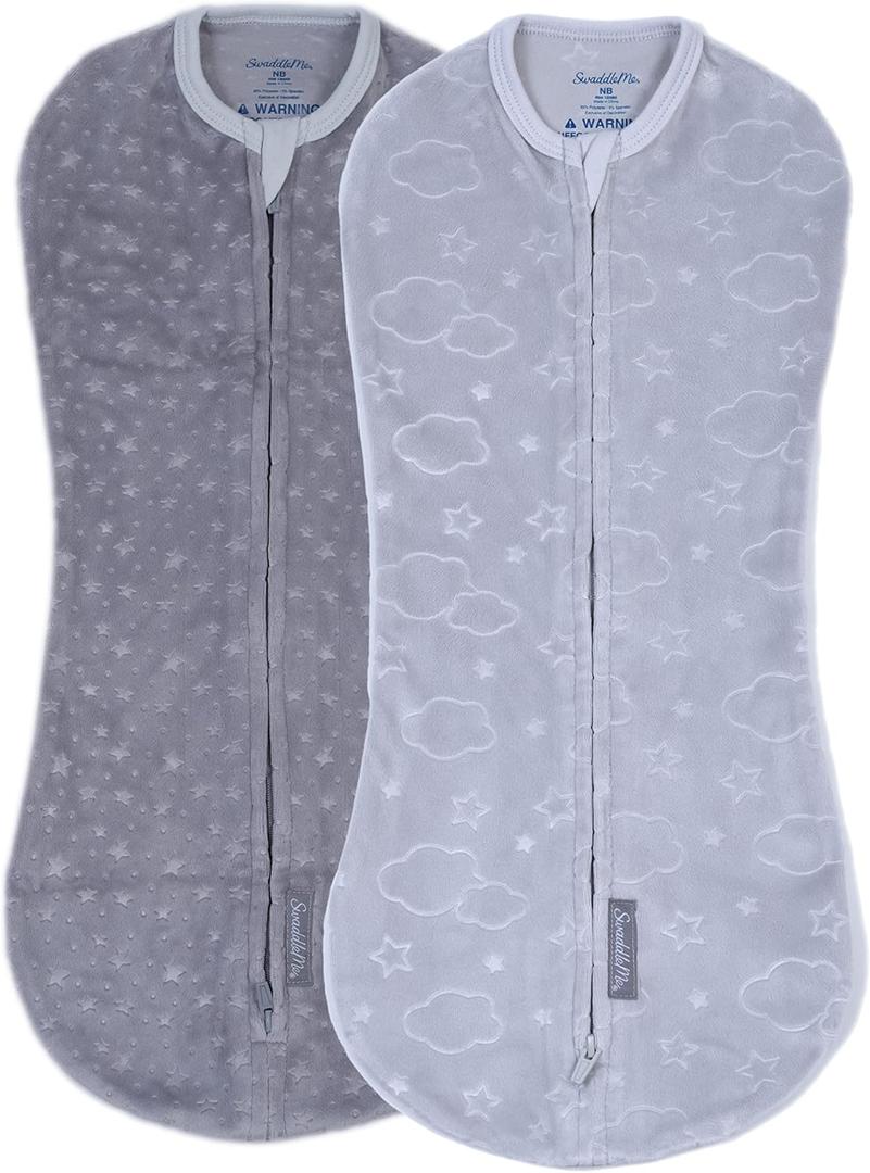 SwaddleMe by Ingenuity Compression Baby Swaddle Pod in Velboa, Two-Way Zipper for Easy Diaper Changes, Improves Sleep & Calms Startle Reflex, 0-2 Months, 1.0 TOG, 2-Pack - Clouds & Stars