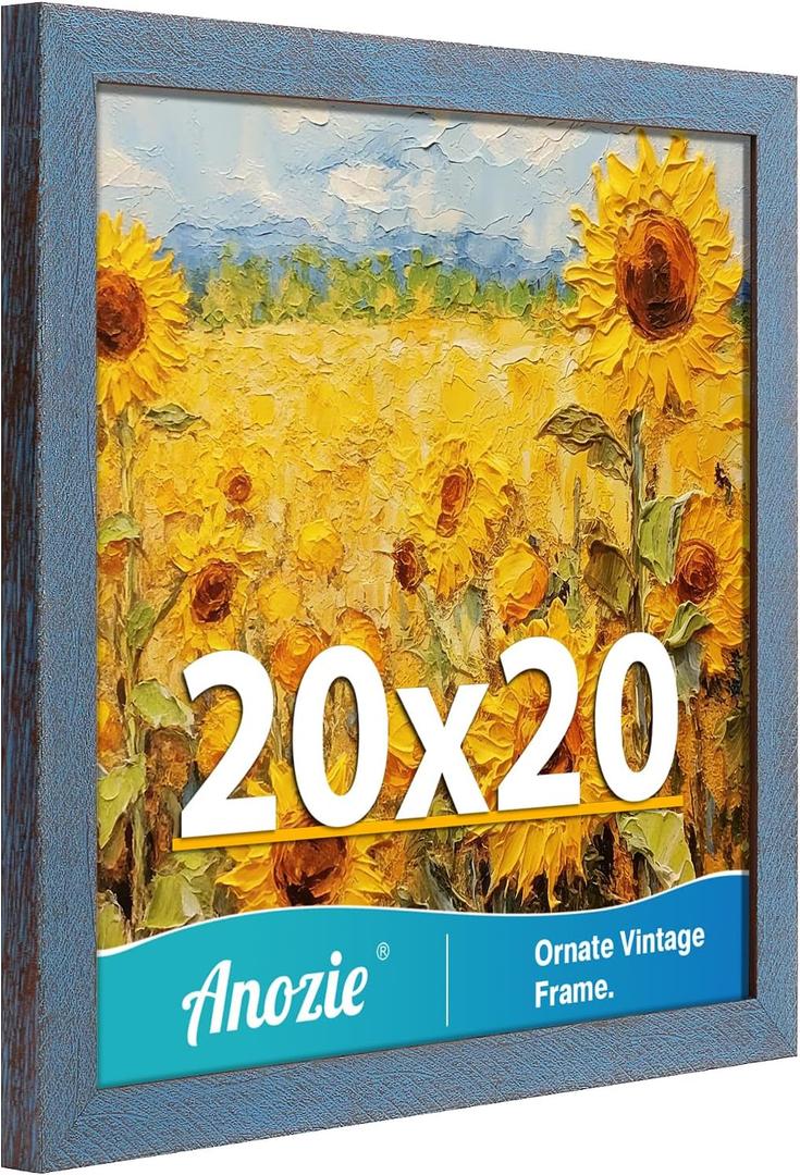 20x20 Frame, Vintage 20 x 20 Poster Frame Plexiglass Glass for Wall Display, Square Rustic 20x20 Photo Picture Frame, Antique Blue Collage Gallery Wall Picture Frames, Widen Border