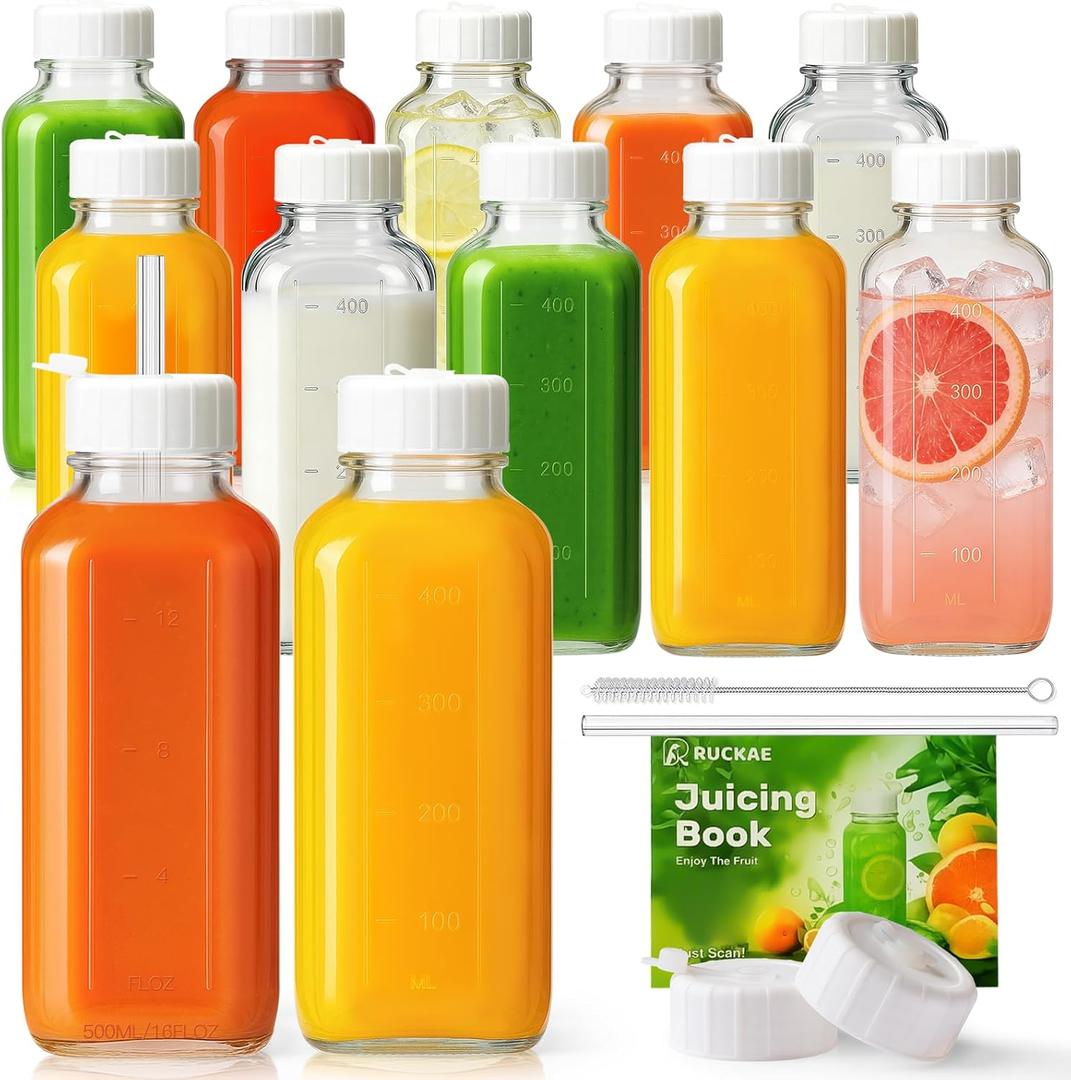 Ruckae 16oz 12 Pack Glass Juice Bottles with Lids - Reusable Square Glass Juice Bottles with Leak-Proof Lid & Capacity Marks for Containers Juicing,Milk,Smoothies
