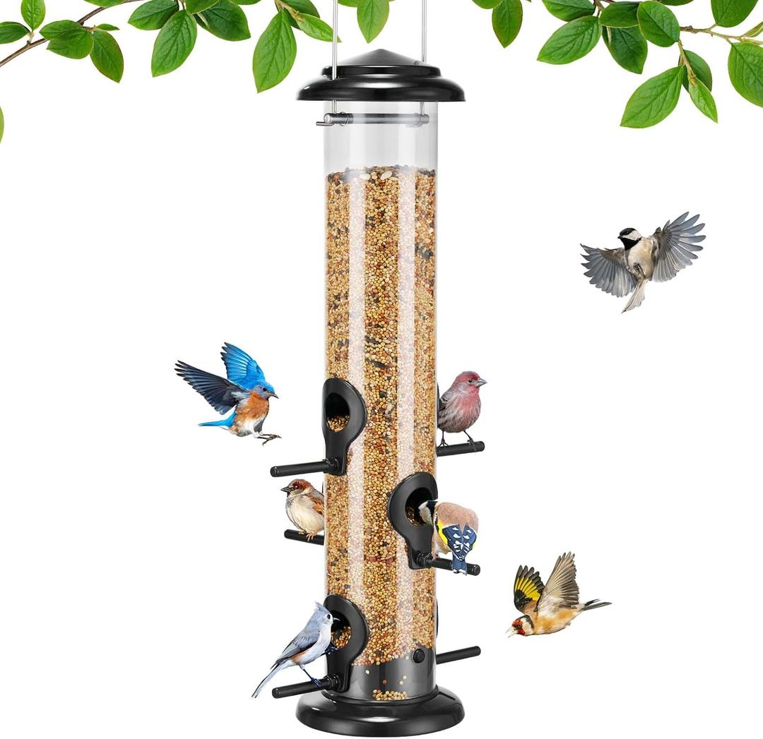 Kingsyard Metal Bird Feeders for Outdoors Hanging, Tube Bird Feeder with 6 Feeding Ports, 15 Inch, Chew-Proof & Weatherproof, Black