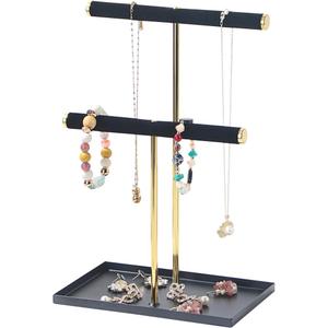 Jewelry Holder,Necklace Bracelet Display Stand with Tray,Metal Velvet Jewelry Organizer for Selling,Desk Nightstand Organizer for Girls (Black, 2 Tier)