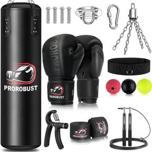 Prorobust Punching Bag for Adults, 4ft PU Heavy Boxing Bag Set with 12OZ Gloves for MMA Kickboxing Boxing Karate Home Gym Training (Unfilled) (Black)