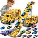 3-in-1 Kid Carrier Truck Toy Car Tracks for Toddlers 2-4 Years Old with 12 Racing Cars Toys, Foldable Chasing Race Track and Car Garage, Car Ramps Birthday Gift for Boys Girls 3-5 4-8(Yellow)