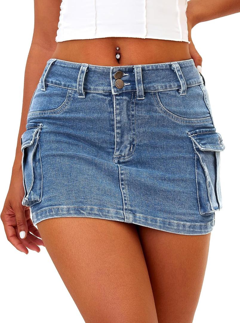 ELLEVEN High Stretchy Cargo Skirt for Women, Low Waist Y2k Mini Skirt Cute Denim Skirt with Pockets (Blue, M)