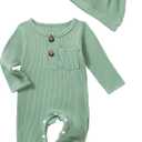 Newborn Baby Boy Girl Clothes Infant One Piece Rompers Solid Ribbed Knit Hat Long Sleeve Clothing Set (Preemie, Light Green)