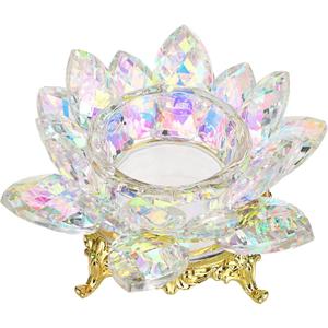 OwnMy Crystal Lotus Flower Tea Light Holder Votive Candle Stand with Gold Metal Base, AB Color Glass Lotus Tealight Candlestick Holder Candle Lamp for Table Centerpiece Wedding Decor