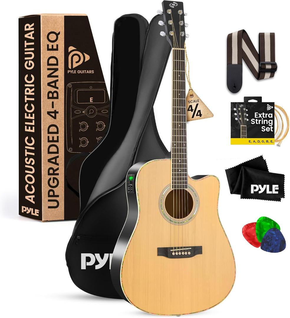 Pyle Acoustic Electric Cutaway Guitar Kit, 4/4 Full Scale Steel String Spruce Wood with Gig Bag, 4-Band EQ, Clip On Tuner, Picks, Shoulder Strap for Beginners and Students, 41" Standard Kit
