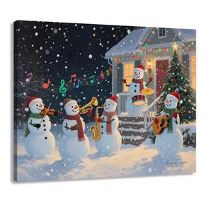 2 Pack Woxfcart Musical Snowman Christmas Wall Art Canvas Print, Winter Holiday Snow Scene with Snowmen Band, Home Decor, 15 x 12 inche