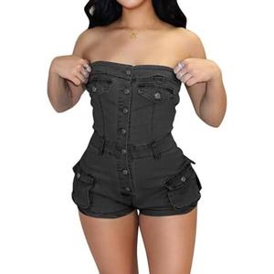 Kwunbwa Denim Shorts Jumpsuit for Women, Summer Cargo Casual Pockets One Piece Strapless Romper Jean Overalls Shorts, XL