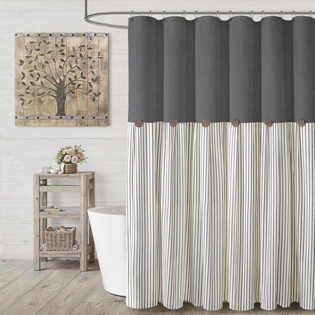 Farmhouse Shower Curtain Linen Grey Button Woven Fabric Country Rustic Western, Pleated Grey Stripe 72" W x 72" L