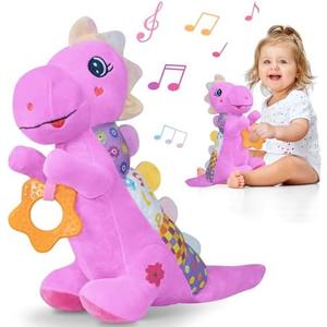Baby Dino Plush Soft Stuffed Animal Toy for 0-3-6-12+ Months,Infant Musical Toy with Rattle,Squeaker,Sensory Crinkle,Teether & Textures,Toys for Christmas Baby Gift for Newborn Girl Boy (Purple), Pack of 2