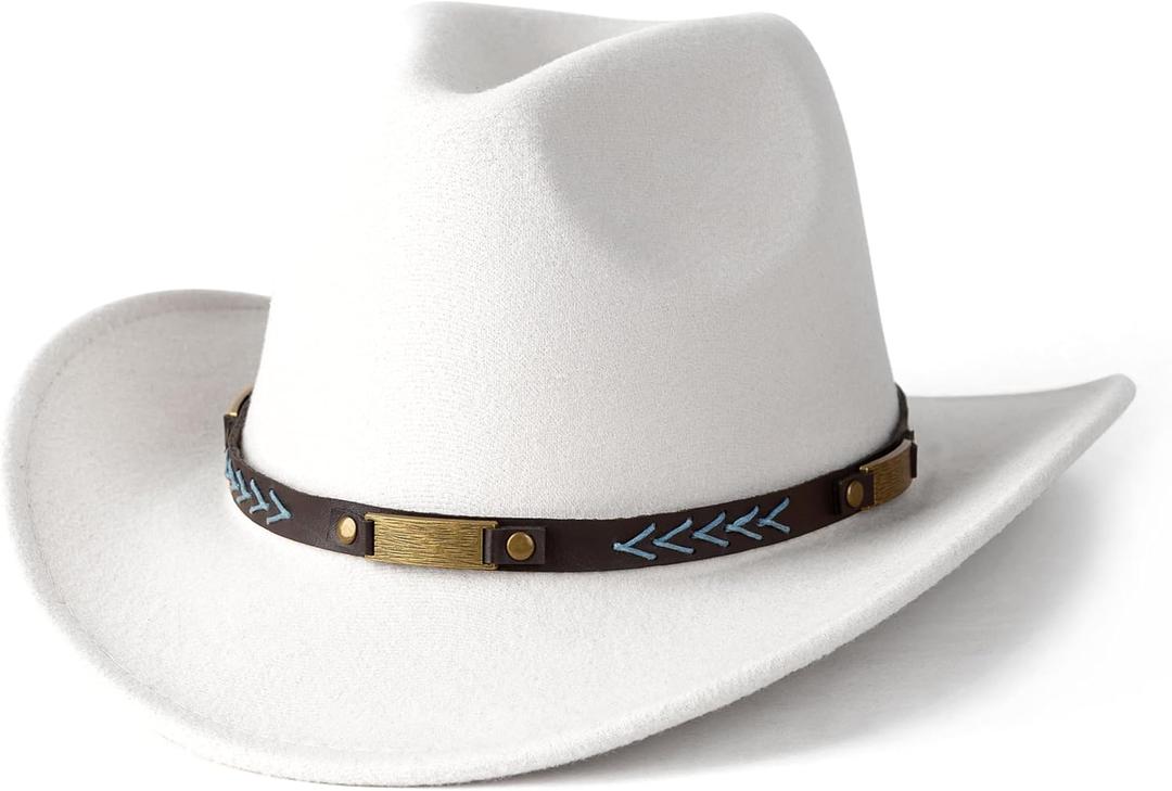 Men Women Western Cowboy Hat Classic Roll Up Cowgirl Hats with Buckle Belt (White)
