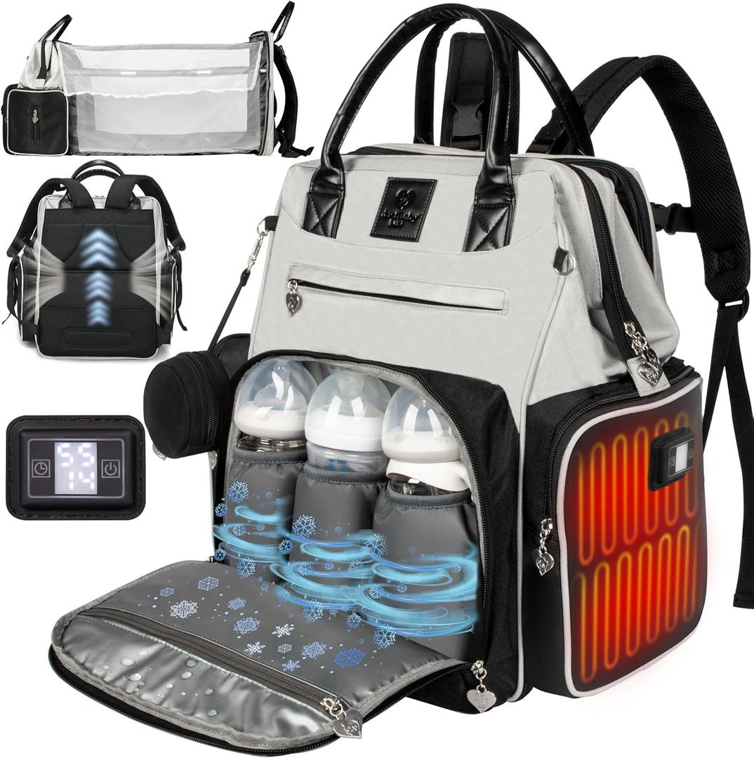 Award-Winning Eco-Friendly Smart Diaper Bag with Changing Station  2025 Evergreen Winner, Premium All-in-One Backpack, Patent Pending, Heated Bottle Pockets, Trusted by Parents, Seen in Top USA Media (Black/Gray)