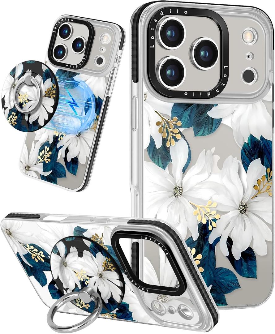 Lotadilo Case for iPhone 17 Pro Max Case Compatible with Magsafe Ring Holder Stand - for Women Blue Flower Design TPU Phone Cover for Girls Girly Funny Fashion