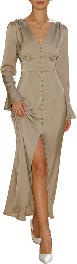 RIHOAS Women's Elegant Formal Semi Formal Dresses - Long Sleeve Flowy A Line Satin Maxi Dress for Fall Wedding Guest (Medium)