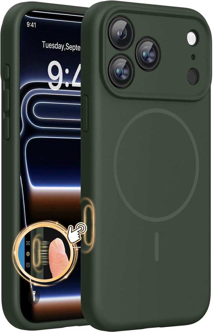 Miracase Magnetic for iPhone 17 Pro Max Case, Compatible with MagSafe, Integrated Silicone Camera Control Cover, 3.0mm Thicken Shockproof Drop Protection Phone Case for 17 ProMax, Dark Green