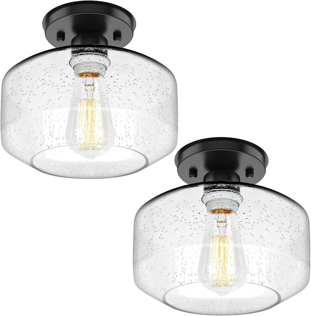 TOBUSA 2-Pack Industrial Semi Flush Mount Ceiling Light, Black Light Fixture Ceiling Mount with Seeded Glass Shade, Farmhouse Hallway Light Fixtures Ceiling for Living Room, Bedroom, No E26 Bulbs