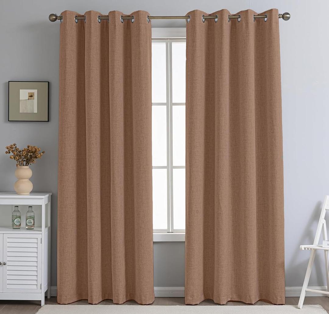 PFAS Free Mocha Linen Curtains 96 inch Length 2 Panels Set Burg 100% Blackout Long Drapes for Bedroom Living Room Blackout Darkening Curtain Thermal Insulated (52x96 inch,Mocha)