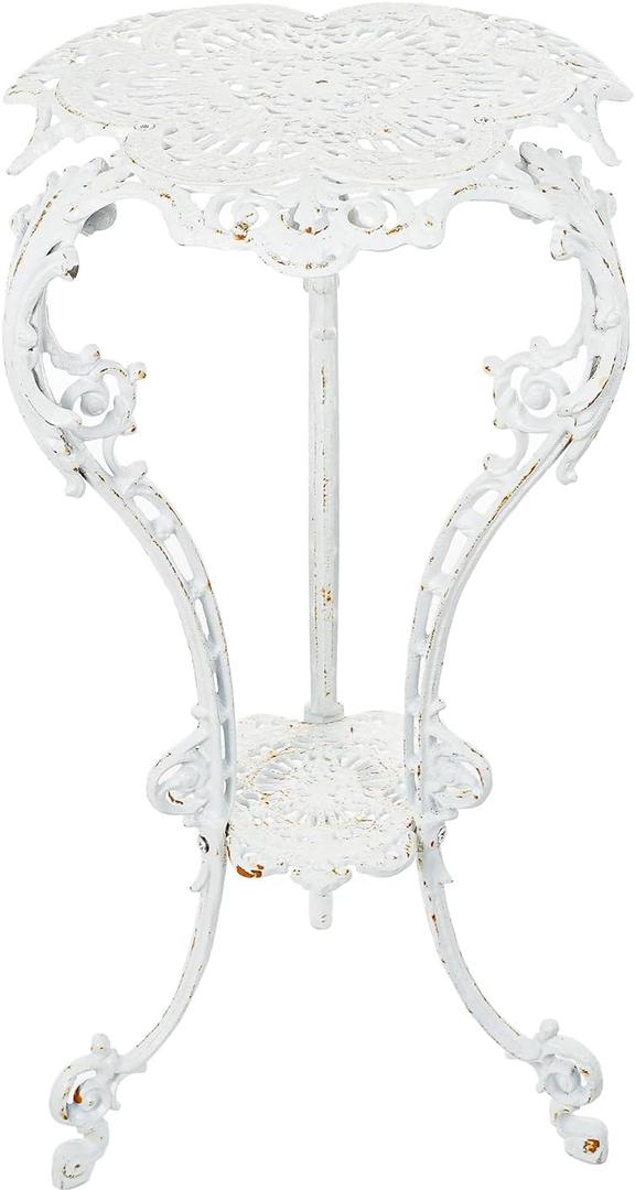Sungmor Heavy-duty Cast Iron Plant Stand Patio Side Table, 15.3" Wide 27.5" Tall 2-layer Potted Pedestal, Vintage Rust White Planter Holder, Elegant Victorian Style Indoor Outdoor Decorative Pot Stand