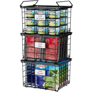 iSPECLE Freezer Organizer Bins - for 3.5 Cu.Ft Deep Freezer, 3 Pack Stackable Chest Freezer Organizer Bins with Label Plates & Folding Handles, Heavy Duty Metal Storage, Assembly Required, Black