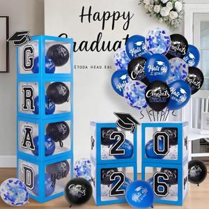 2026 Graduation Decorations 4 Grad Balloon Boxes with Letters 2026 Grad & So Proud of You and 18pcs Balloons Graduation Party Decorations (Blue)