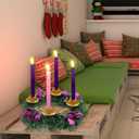 MorTime 14 Inches Christmas Wreath Candle Holder Ring, Christmas Candlestick Decoration with Glitter Berries Purple Bows and Christmas Balls for Winter Holidays Home Decor