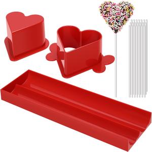 Heart Cake Pop Mold Set with 9 Inch Tray and Sticks, Circle Cake Pop Cutter and Pusher, Baking Molds Kit for Parties, Wedding, Home Desserts Making - Red