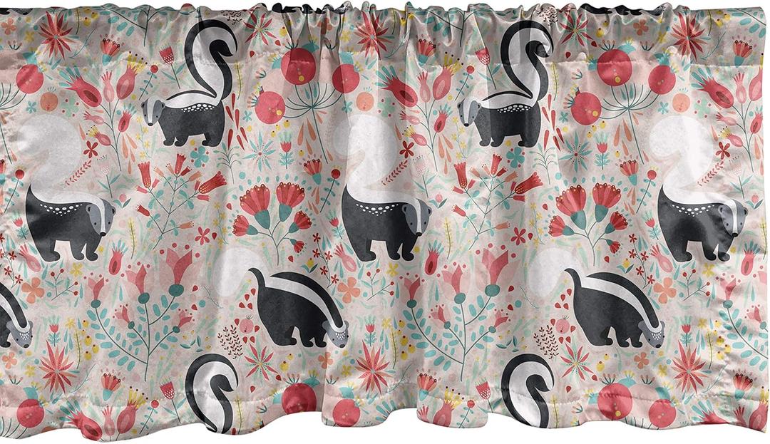 Lunarable Forest Window Valance, Skunks in Botanical Garden Flourishing Blooms Flowers Spring Foliage Cartoon, Curtain Valance for Kitchen Bedroom Decor with Rod Pocket, 54" X 12", Coral Green