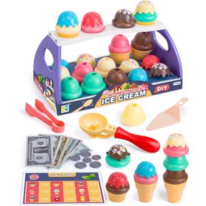 Ice Cream Toy Play Set for Kids, 41Pcs Toddler Ice Cream Shop Cart Truck, Birthday Christmas Easter Toys Gift for 3 4 5 6 Year Old Girl Boy, Pretend Play Grocery Store Kitchen Food Accessories