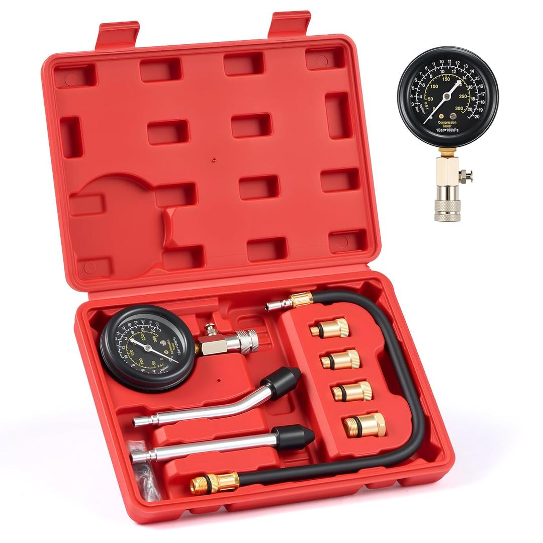 Orion Motor Tech Gasoline Compression Tester Kit, 8pc Petrol Engine Compression Tester Set with 0-300 psi Pressure Gauge 4 Adapters, Small Engine Compression Gauge Set for Motorcycle Car Truck