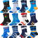 Baby Boys Grips Socks 12 Pairs Kids Toddlers Infants Anti Slip Non Skid Funny Cartoon Crew Breathable Cotton Socks (3-5T, Cars & Trucks)