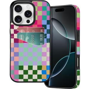 iPhone 16 Pro Wallet Case Card Holder Slot Slim Cute Design Soft Leather Protective Phone Case with 2 Credit Card Pockets for iPhone 16 Pro 6.3 inch for Women,Colorful Checkerboard