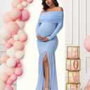 Maternity Long Sleeve Off Shoulder Baby Shower Dress Party Mesh Paneled Split Maxi Photography Gown for Photoshoot (Blue, M)