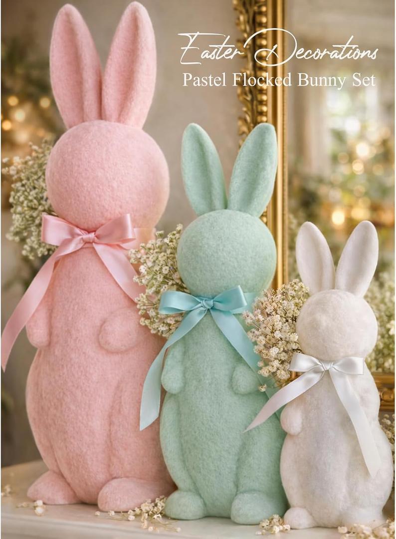 MOREDOTS Easter Decorations - 3 Pack Pastel Flocked Bow-Tied Bunny Set (10", 13", 16") - Spring Table Centerpieces for Indoor Decor - Easter Bunny Figurines Decoration for Home Party Office