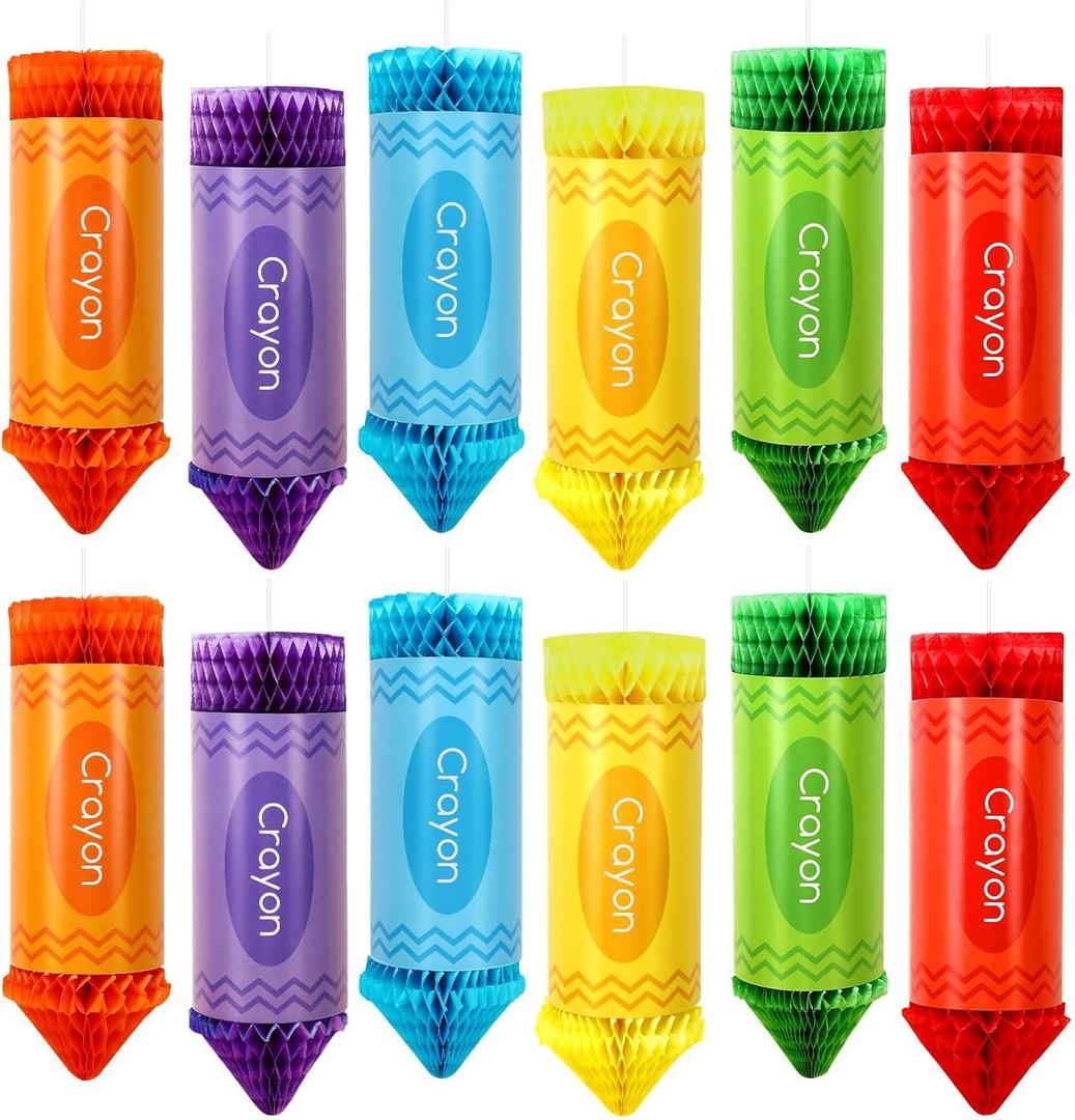 12 Pcs Back to School Decorations, Colorful Crayon Pencil Honeycomb Classroom Ceiling Decorations for First Day of School Office Birthday Party Supplies Decor