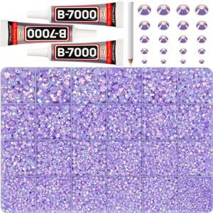 32000Pcs Light Purple Rhinestones for Bedazzling, Resin 2,3,4,5,6mm Mix Sizes Flatback Bedazzler Kit Bulk Gems Diamonds Gemstones Jewels Stones Crystals with B7000 Glue for Crafting Crafts Clothes