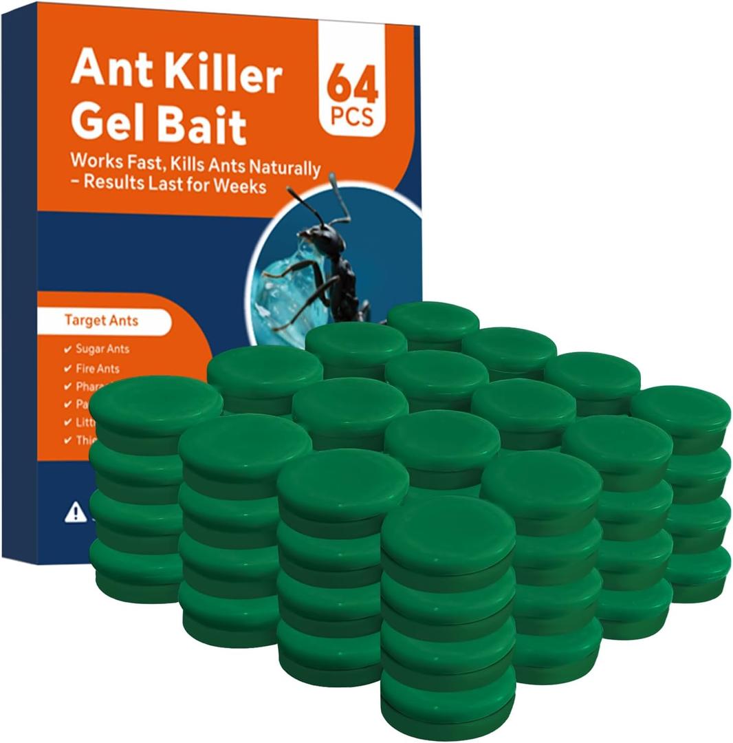 64 PCS Ant Killer Gel Bait Stations, Extra Strengthen Ant Bait Traps, Long-Lasting Effective Pest Gel for Carpenter Ants and Other Common Household Ants, No Mess Easy Use, Safe for Pets and Kids