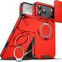 Heavy Duty Series Designed for iPhone 17 Pro Max Case,Rugged 360 Rotatable Ring with Invisible Holder Stand,Slide Camera Cover & Military Grade Drop Protection Shockproof,Red