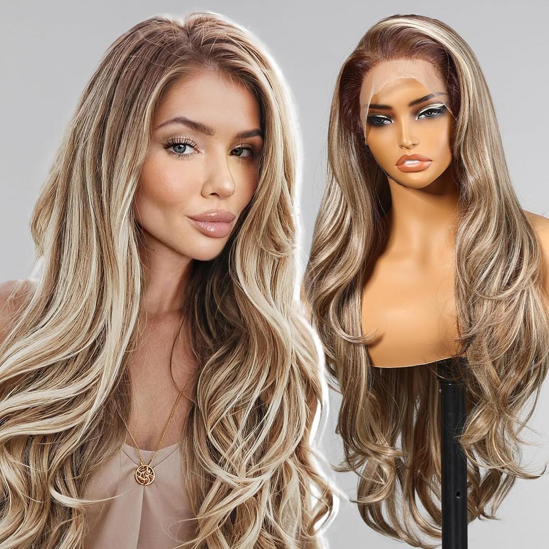Ash Blonde Synthetic Lace Front Wig,136 Blonde mix Brown HD Lace Glueless Wig for Women Daily Use 28INTT6/107