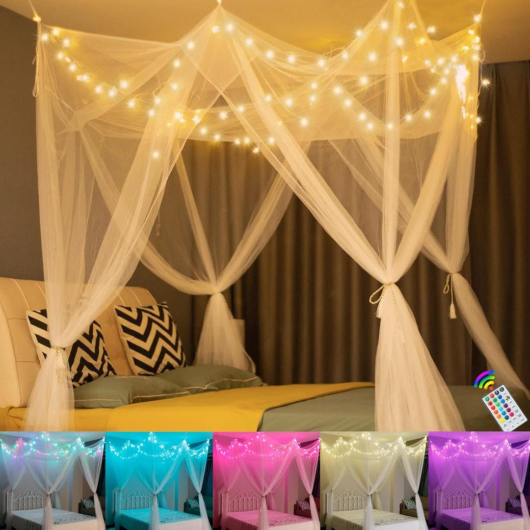White Bed Canopy with 24 Colors Star Lights for Girls, 8 Corner Princess Canopy Bed Curtains with Color Changing LED String Lights Remote Timer for Adults Women Bedroom, Twin Full Queen King Bed