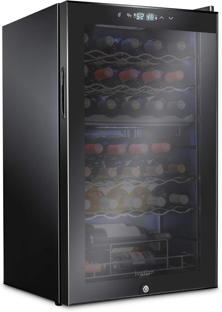 Ivation 33 Bottle Dual Zone Wine Cooler Refrigerator w/Lock | Large Freestanding Wine Cellar For Red, White, Champagne & Sparkling Wine | 41f-64f Digital Temperature Control Fridge Glass Door Black