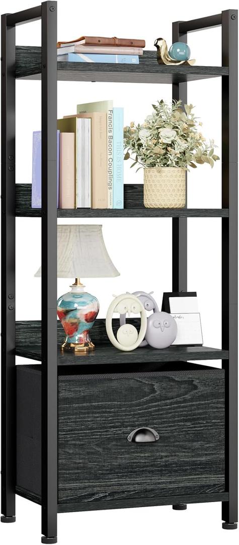 Furologee 4 Tier Bookshelf with Drawer, Small Narrow Bookcase, Wood and Metal Standing Shelf Unit, Industrial Display Storage Shelves Organizer for Bedroom, Living Room, Entryway, Black