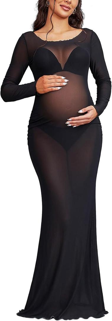 Bhome Maternity Photoshoot Dress Long Sleeve Sheer Mesh Maternity Maxi Gown Babyshower Black XL