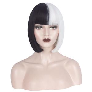 WeKen Black and White Wig for Girls Short Bob Half Black Half White Wig with Bangs for Women Cosplay Daily Party (A Black White)