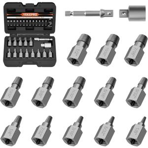 15-Piece Screw Extractor Set, 3/8" Inch Drive Multi-Spline Easy Out Bolt Extractor Kit, Hex Head Stripped Screw Remover Tool for Removing Broken, Rusted, and Stripped Bolts and Screws