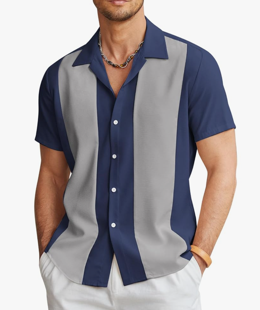 COOFANDY Men's Vintage Bowling Shirt Short Sleeve Button Down Summer Cuba Beach Shirts, L