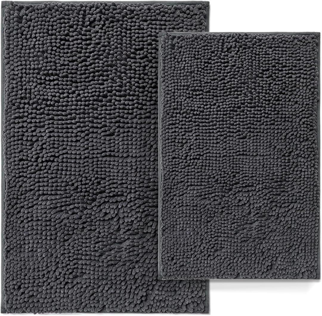 Bathroom Rugs Set 2 Piece Bathroom Mats Bath Rugs Non Slip Bath Rugs for Bathrooms, Thick Soft Chenille Rug Set, Bathtub Mats, Ultra Absorbent Bath Carpet, Shaggy Bathrooms Floor Mat, Deep Grey