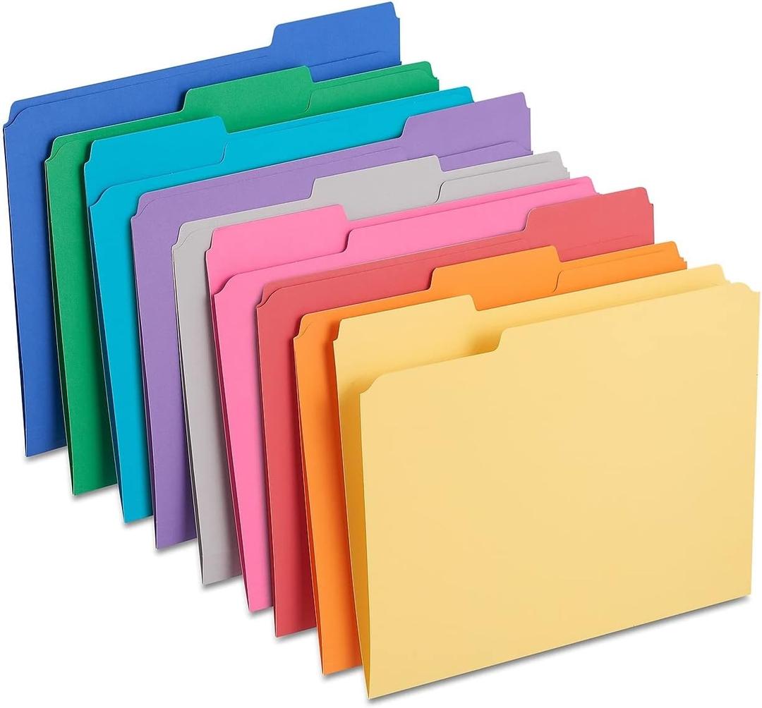 Staples Reinforced File Folders, Assorted Colors, Letter Size, 1/3-Cut Tabs, Durable 10.5-Point Stock, 100/Box