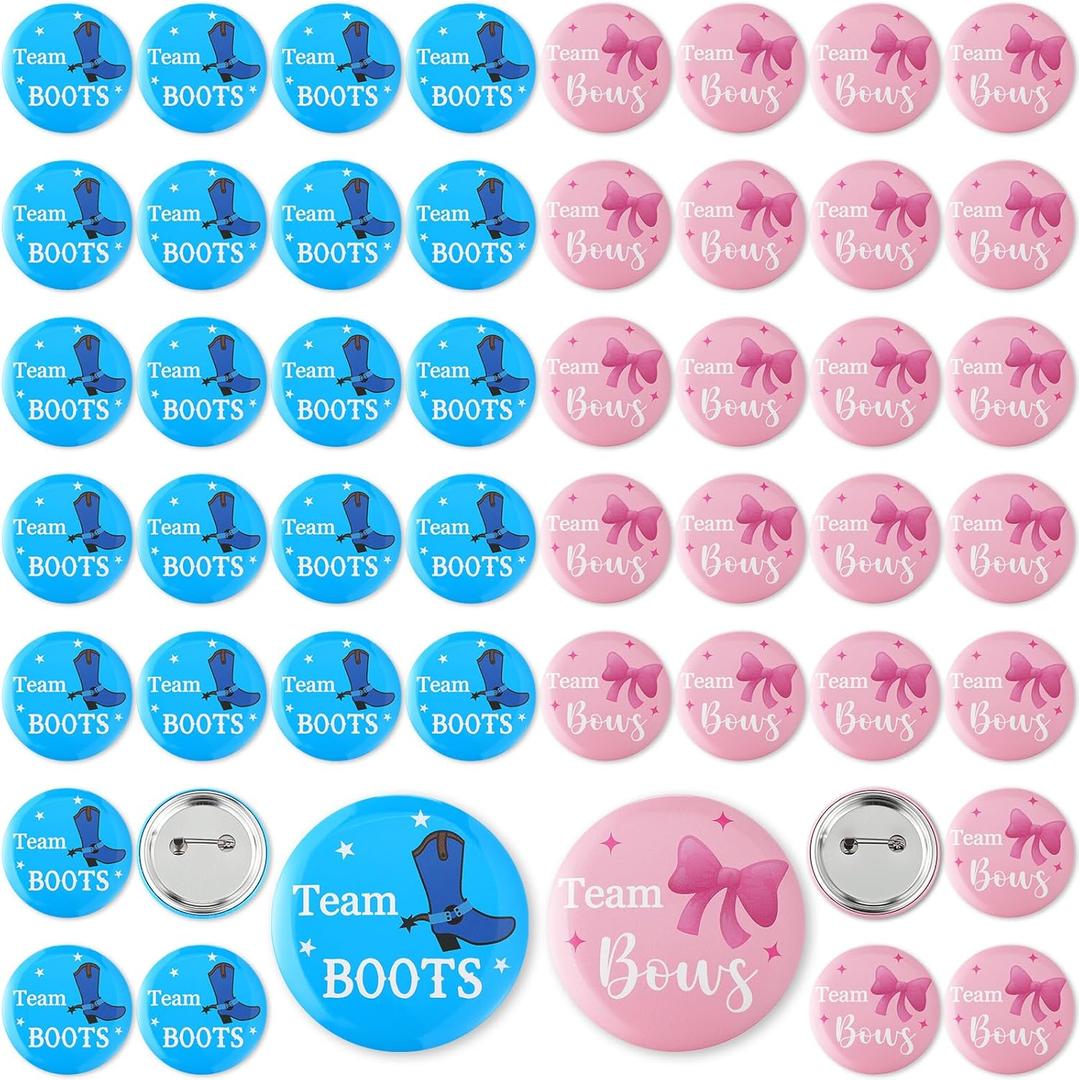 Quelay 50 Pcs Gender Reveal Button Pins 1.75 Inch Team Boy or Girl Pins Bulk, Boot or Bows Gender Reveal Decorations Baby Shower Party Favors for Guests Pink and Blue Badge Supplies
